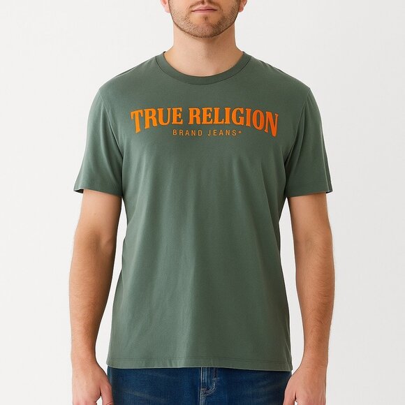True Religion Men’s Green Grey Logo Crewneck T Shirt Large - Picture 1 of 10